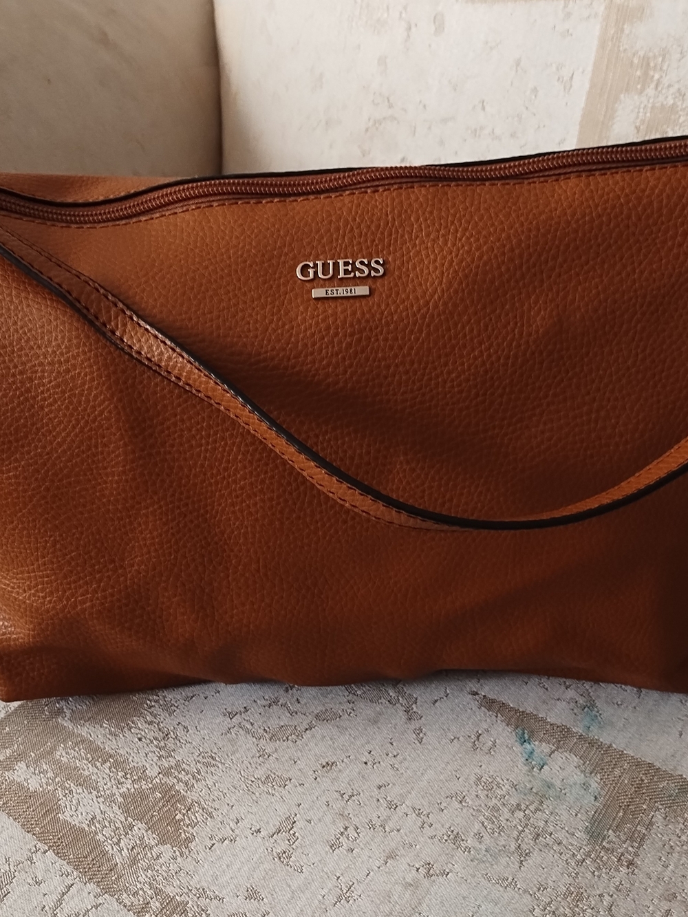 Guess Cognac Pebbled Leather Shoulder Bag